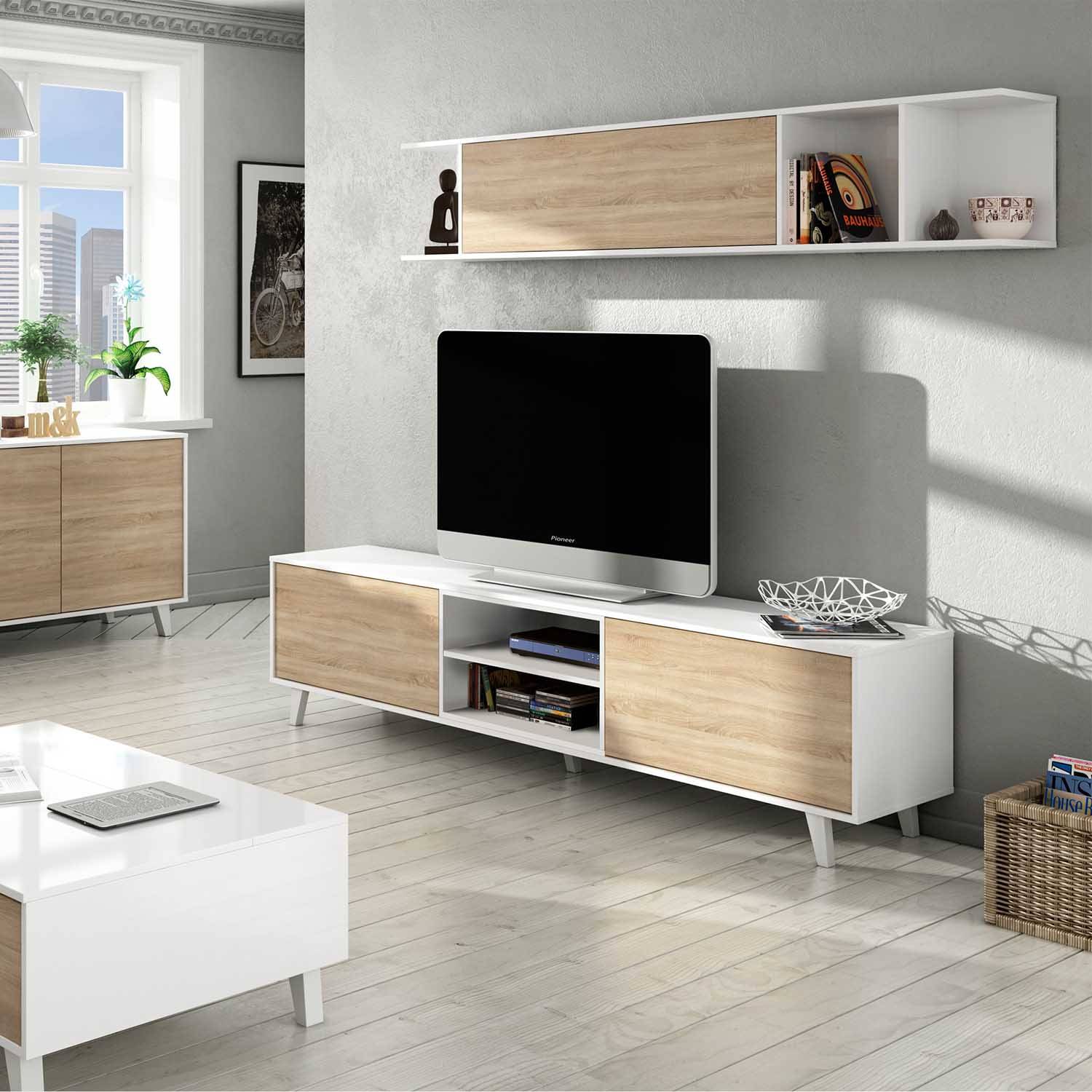Mueble TV de Dm lacado y metal blanco mate combinado con roble natural