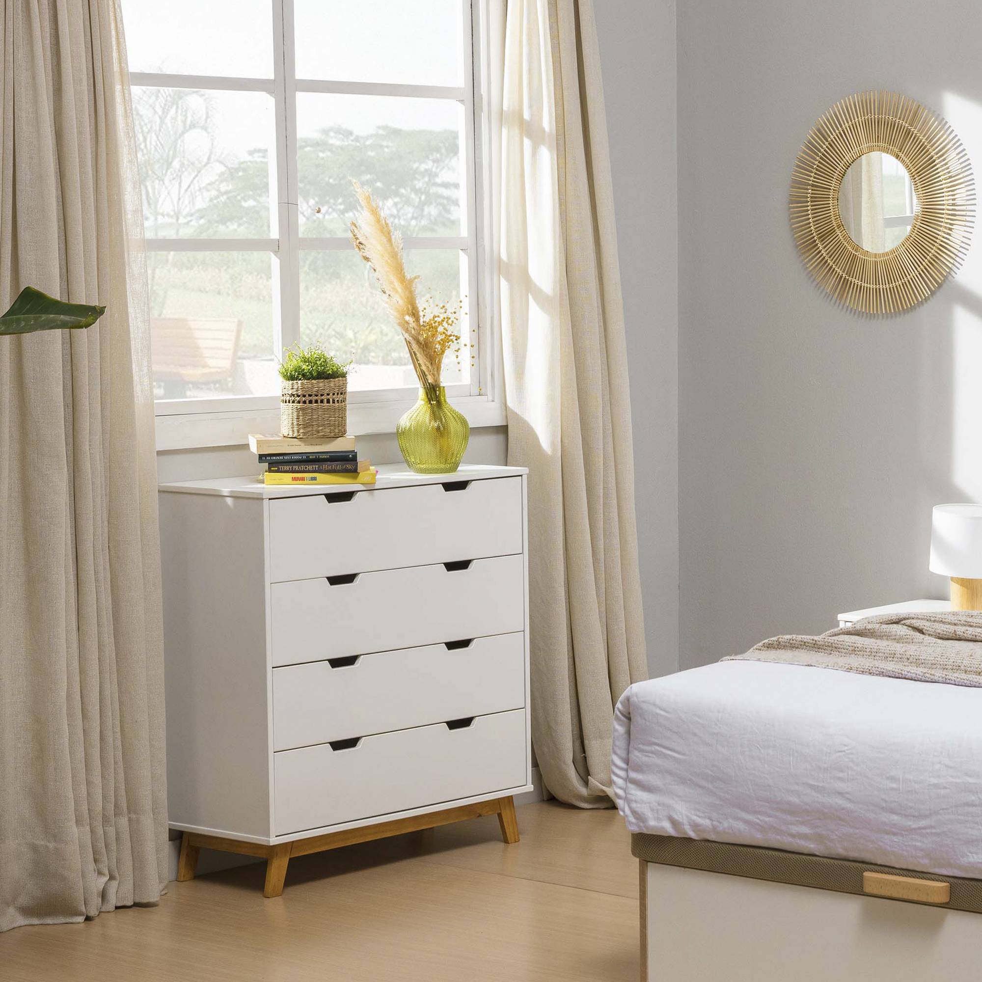 comoda blanca dormitorio con 4 cajones de madera de pino maciza