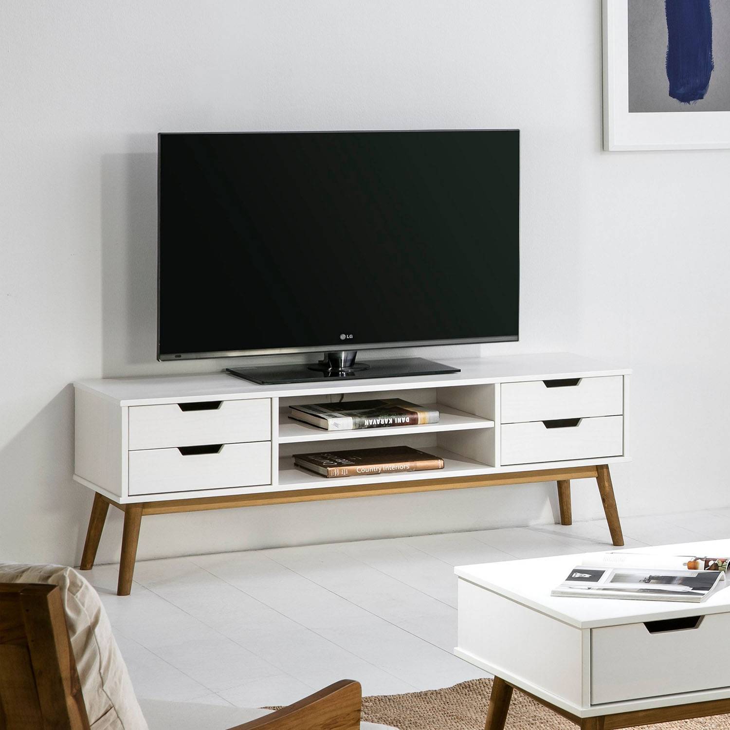 Mueble TV blanco con patas en pino, Muebles TV baratos
