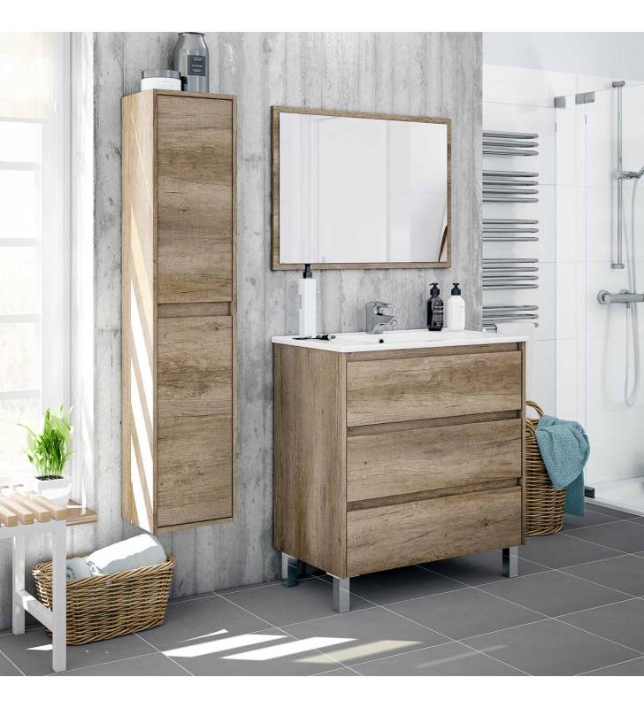 Pack mueble baño, espejo y columna color roble Alaska (Incluye Lavabo y  Espejo)
