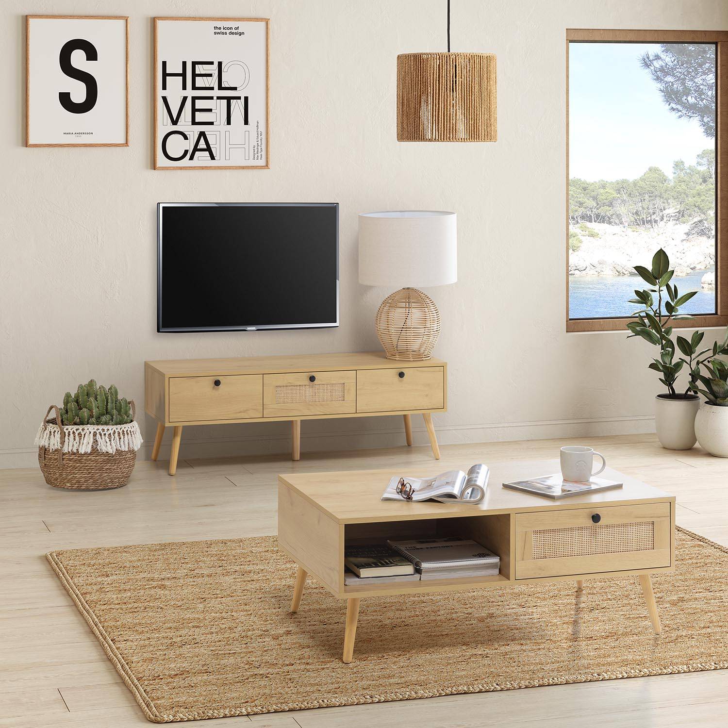 Mueble tv Hoa de tamaño pequeño, 136 cm, con dos puertas y huecos