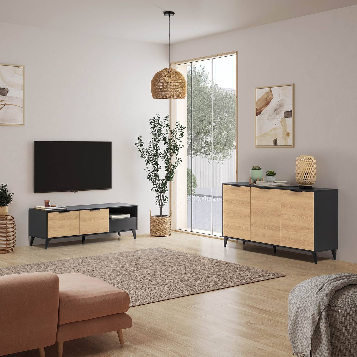 Conjunto de muebles de salón compuesto por mueble de TV con cuatro cajones  y dos armarios en color madera natural