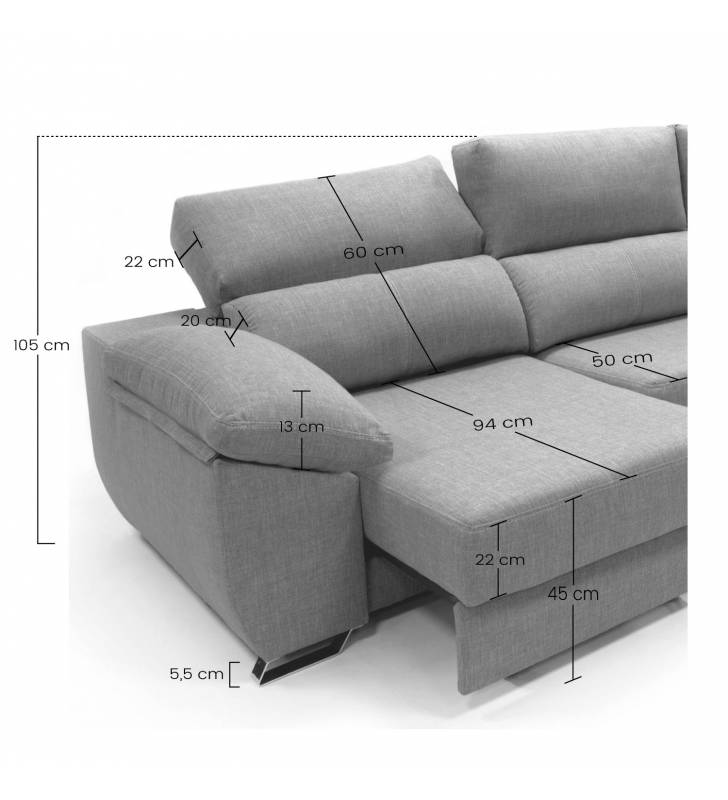 Sofa chaise longue 3 plazas Cancun color gris derecha 5