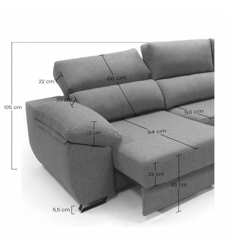 Sofa chaise longue 3 plazas Cancun izquierda color gris oscuro 6