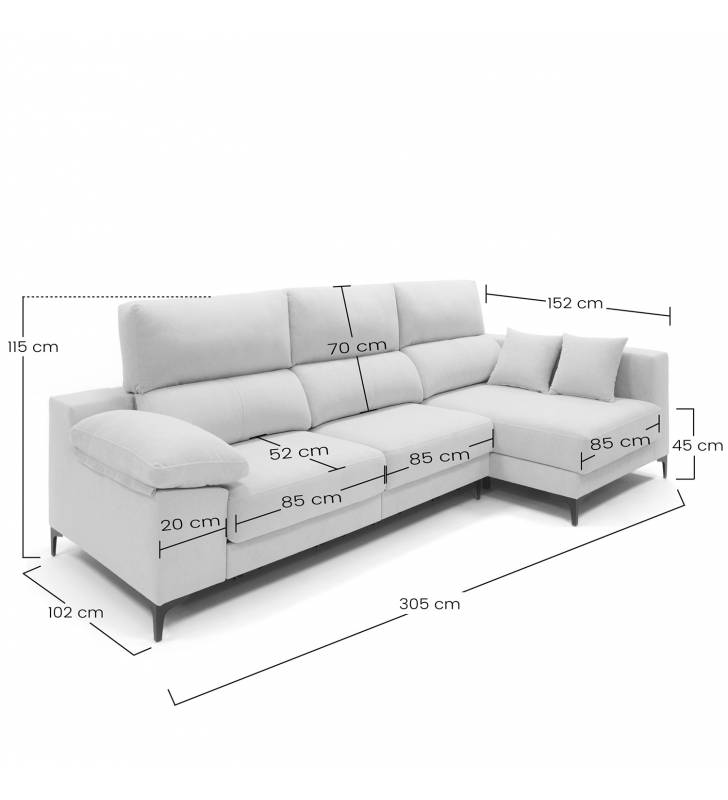 Sofa con chaise longue Ness beige claro medidas 2