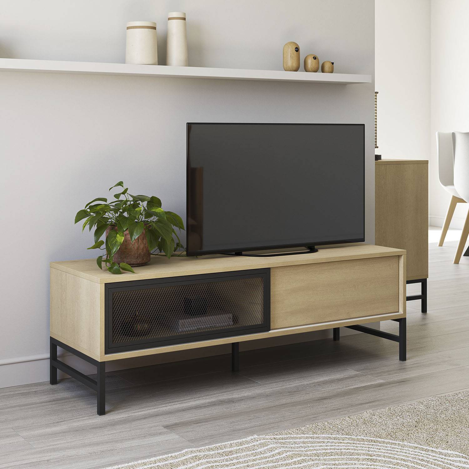 Mueble para TV color natural con 3 cajones rejilla