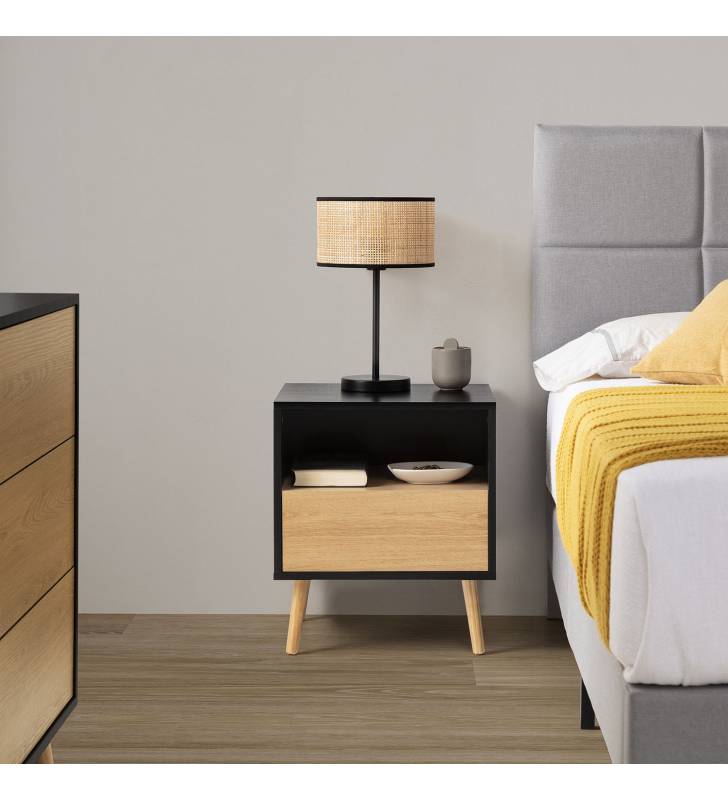 Mesita de noche negra y madera Adonis Topmueble