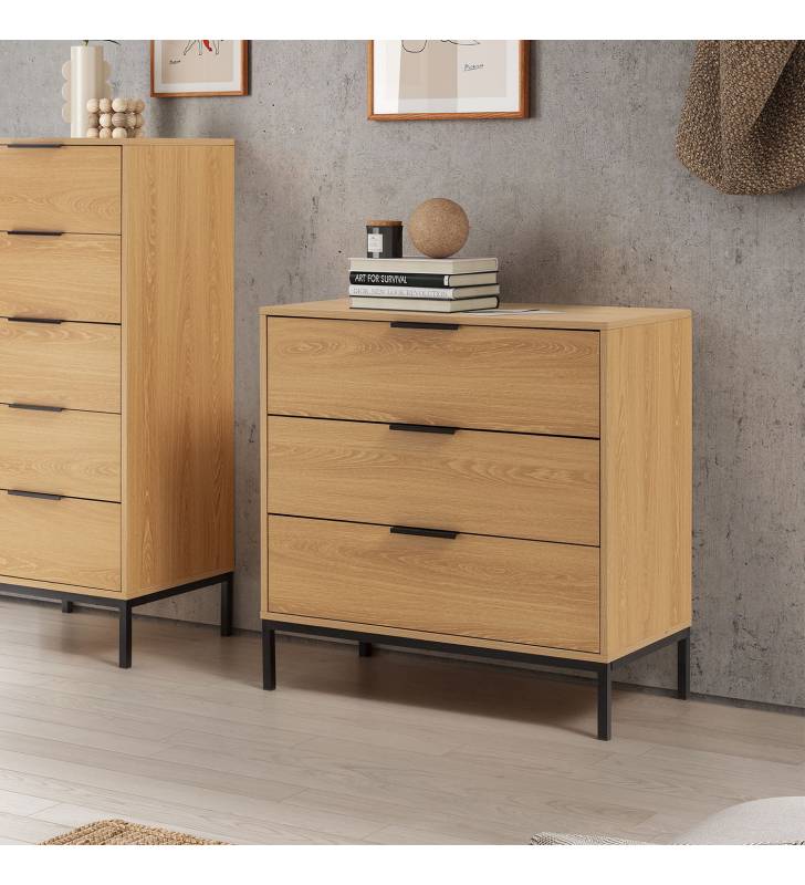 Cómoda 3 Cajones Roble Auran Ambiente Top Mueble