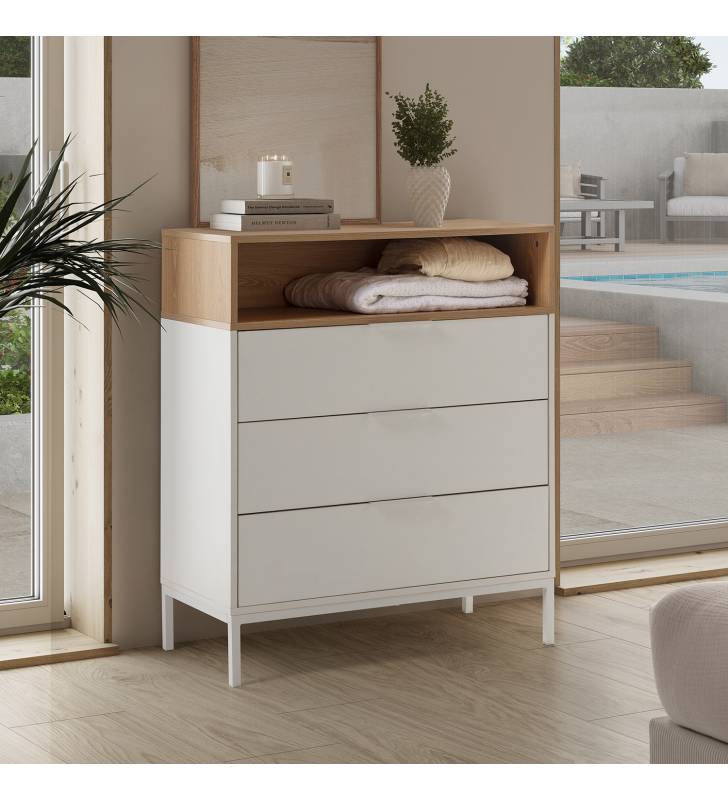 Comoda 3 Cajones Blanco Roble Candy Ambiente Top Mueble