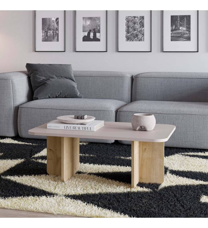 Mesa de Centro Rectangular Crema Roble Cindy Ambiente Top Mueble