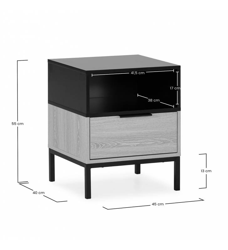 Mesita de Noche Roble Negra 45 cm Candy Dimensiones Top Mueble