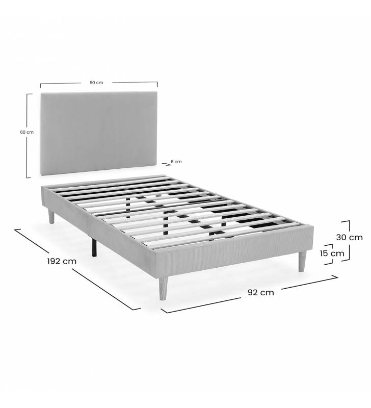 Conjunto Cabecero y Base Tapizada  90x190 Gris Olbia Dimensiones Top Mueble