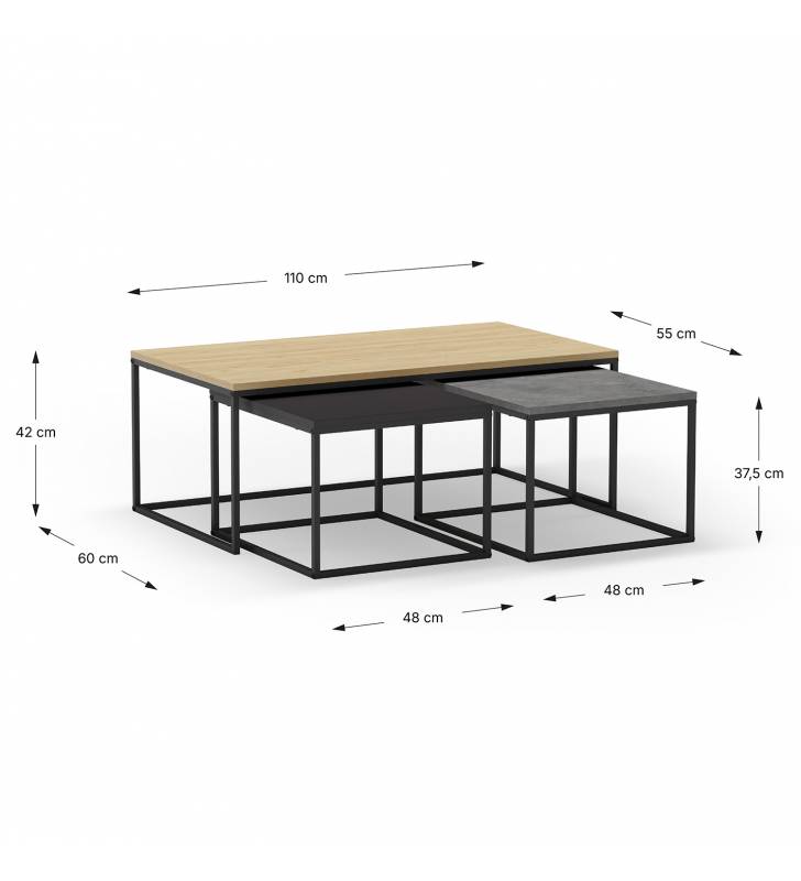 Set 3 Mesas de Centro Roble Azira Dimensiones Top Mueble