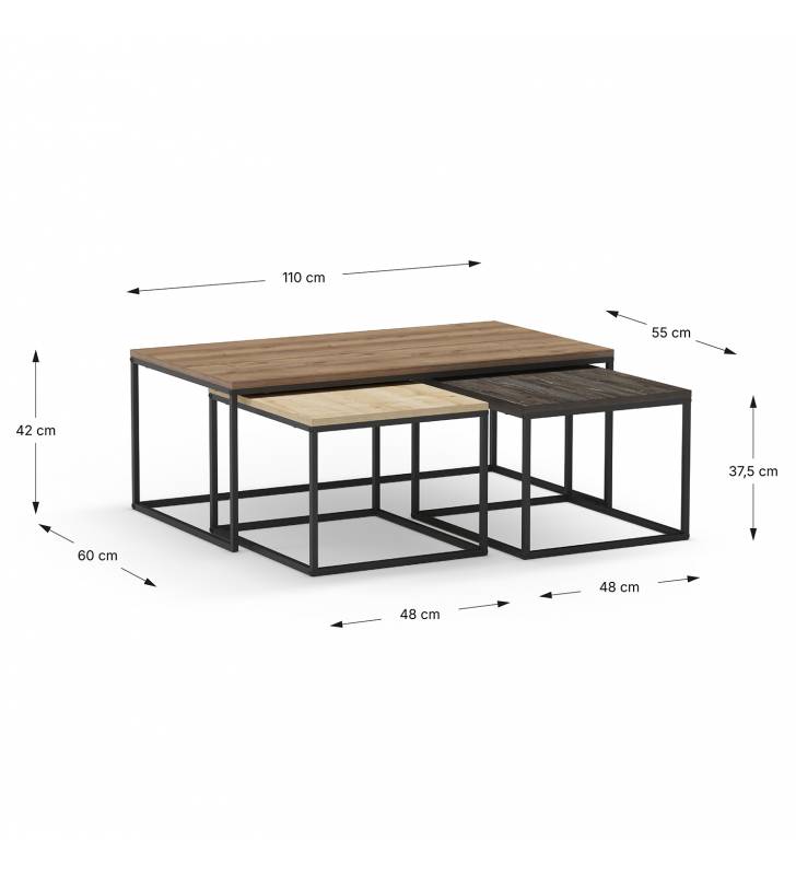Set 3 Mesas de Centro Nogal Azira Dimensiones Top Mueble