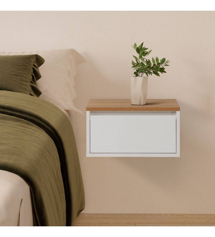 Mesita de Noche Flotante Blanco Roble Phoebe Top Mueble Ambiente