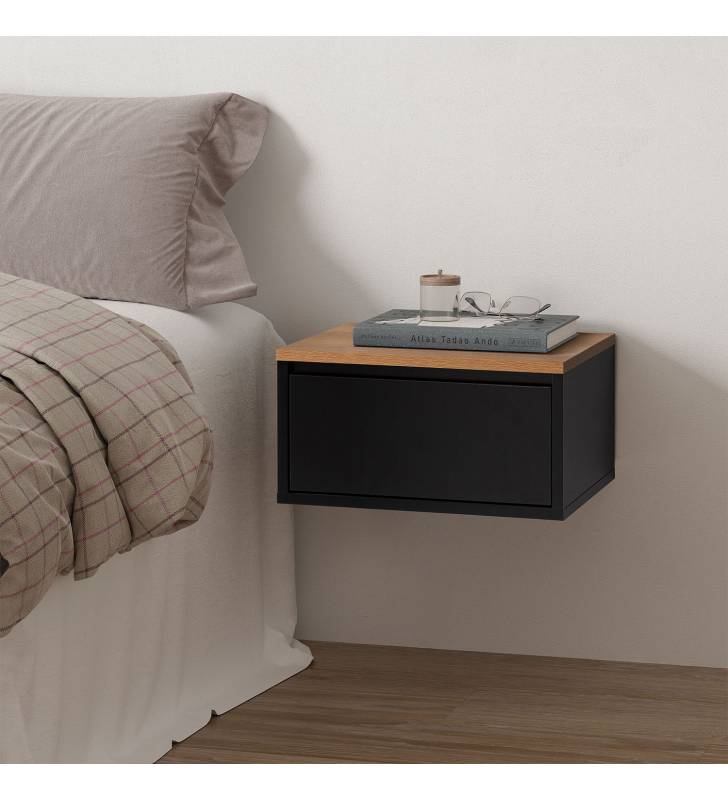Mesita de Noche Flotante Negro Roble Phoebe Top Mueble Ambiente
