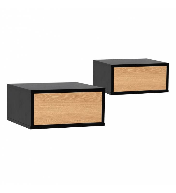 Pack 2 Mesitas de Noche Flotantes Negro Roble Adonis Top Mueble