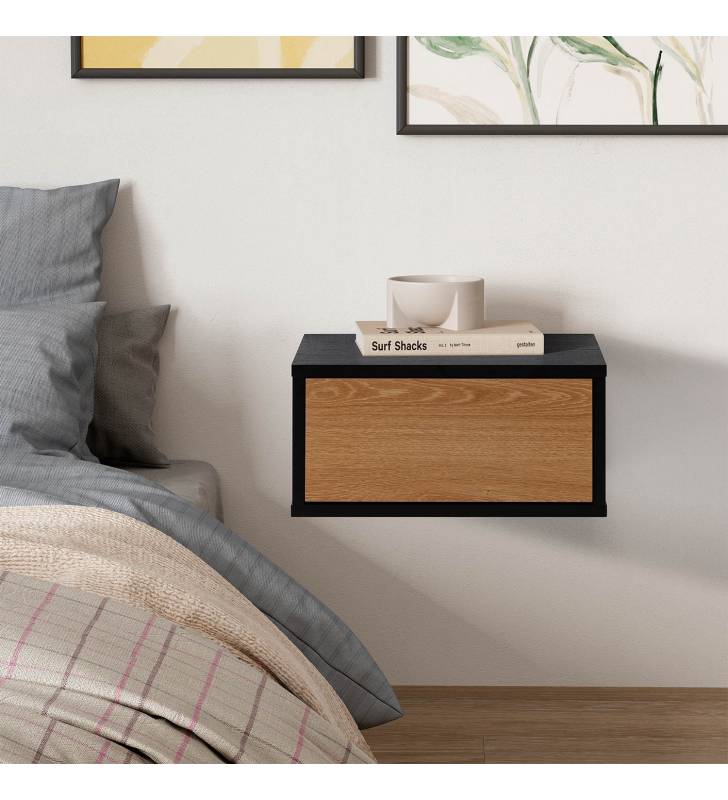 Mesita de Noche Flotante Negro Roble Adonis Top Mueble Ambiente