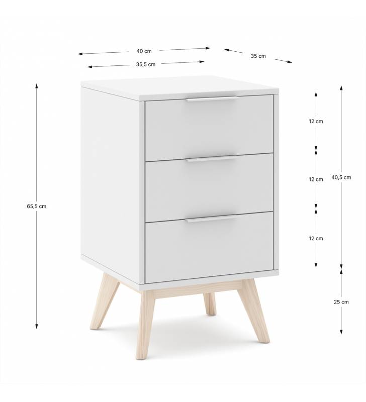 Mesita de noche Blanca 3 Cajones White Top Mueble Dimensiones