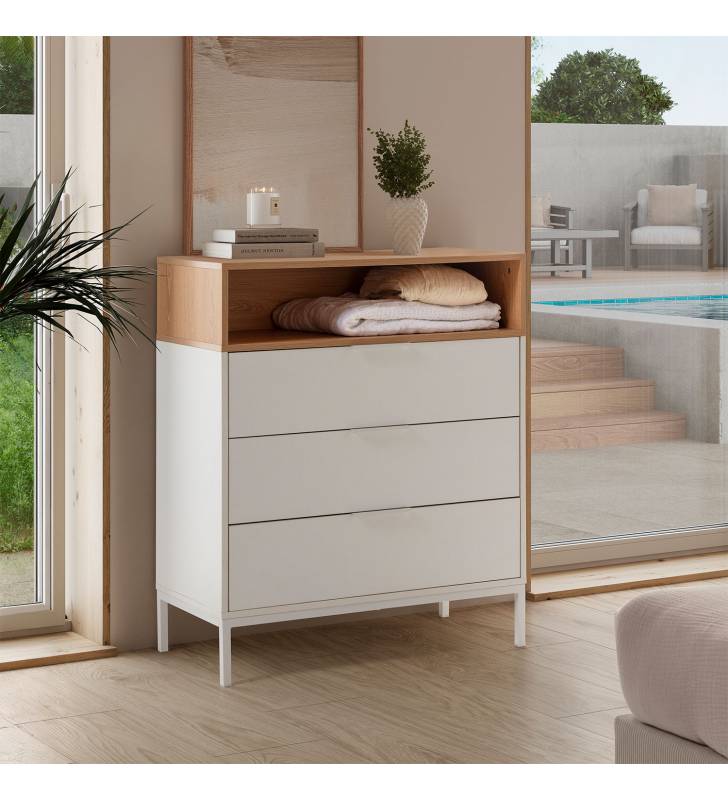 Comoda 3 Cajones Blanco Roble Candy Ambiente Top Mueble