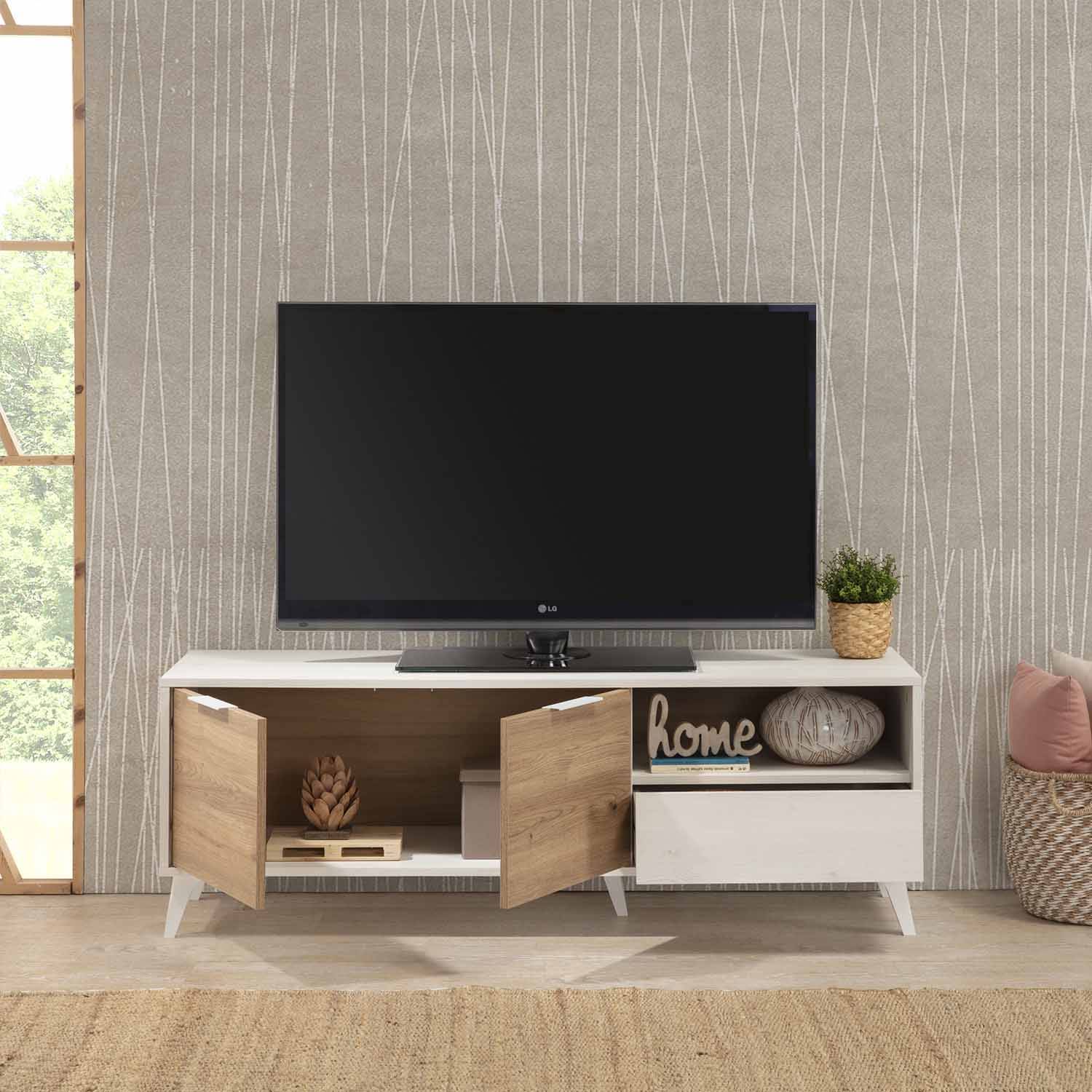 Mueble TV blanco y madera 150x40x50cm