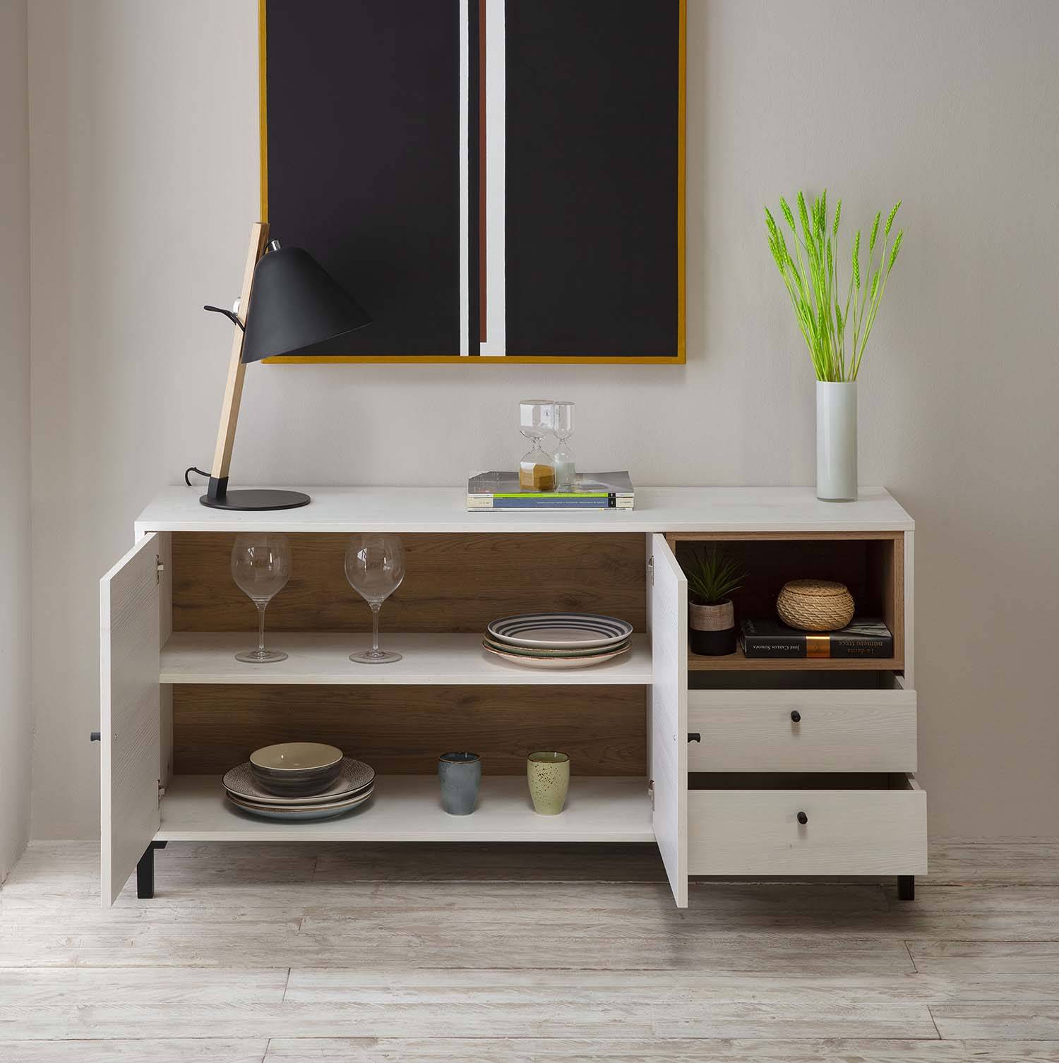 Conjunto de muebles de salón completo en color madera blanca nordic y  madera color natural en