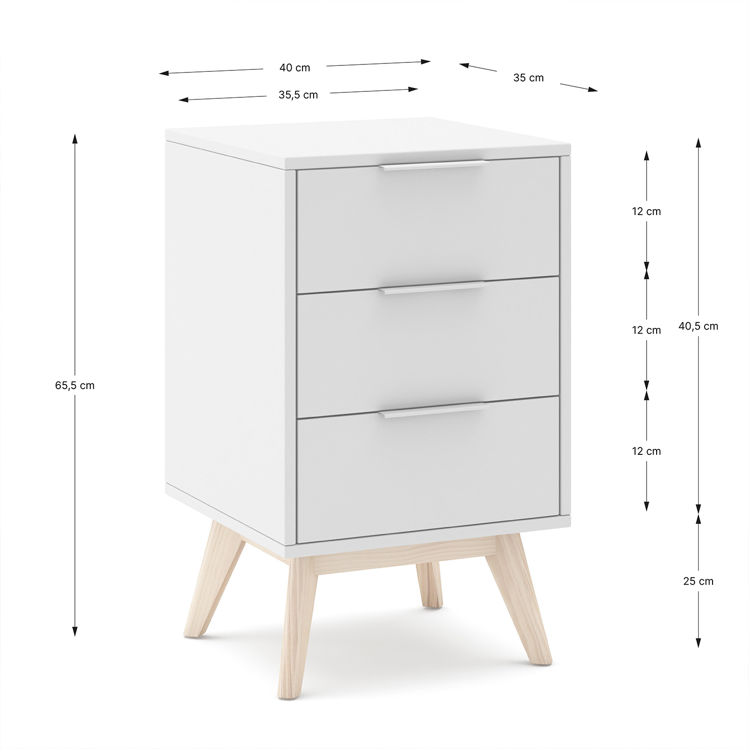 Mesita de noche 3 Cajones White Dimensiones | Top Mueble