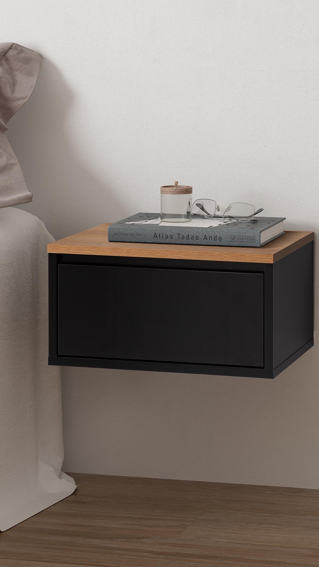 Mesita de Noche Flotante Negro Roble Phoebe Ambiente | Top Mueble