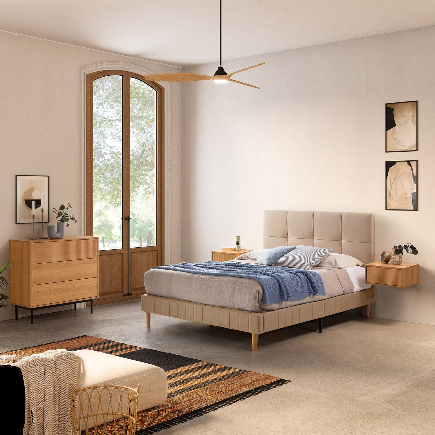 Mesita de Noche Flotante Roble Eleanor Ambiente Completo | Top Mueble