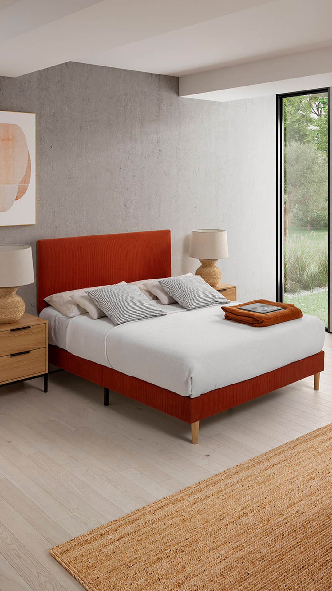 Conjunto Cabecero y Base Tapizada Rojo Olbia Ambiente  | Top Mueble