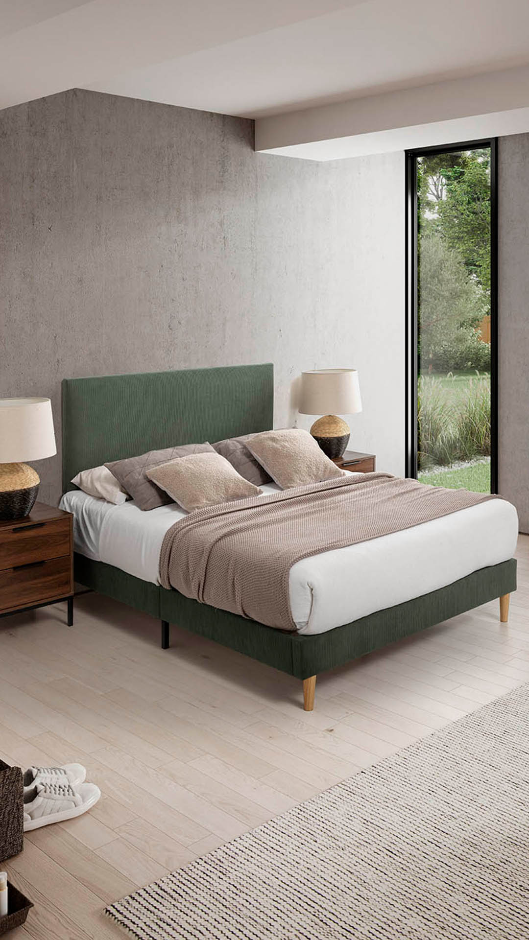 Conjunto Cabecero y Base Tapizada Verde Olbia Ambiente  | Top Mueble