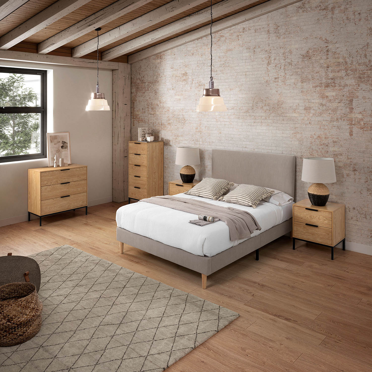 Conjunto Cabecero y Base Tapizada Gris Olbia Ambiente  | Top Mueble